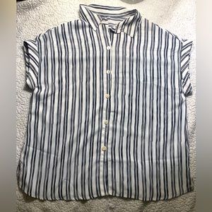 Women’s black and white striped buttoned down short sleeve blouse. Size Large